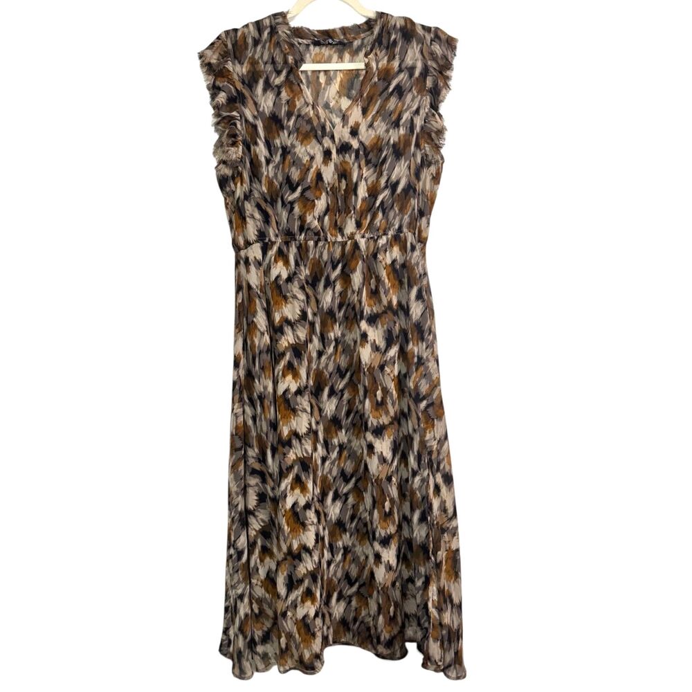Steve Madden Abstract Feather Print Chiffon Midi Dress Ruffle Wedding Guest